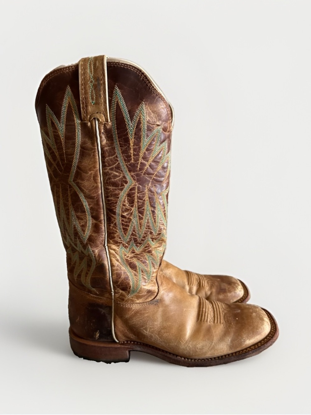 Tony Lama Brown Leather Western Heeled Boots with Green Stitching - Picture 2 of 10